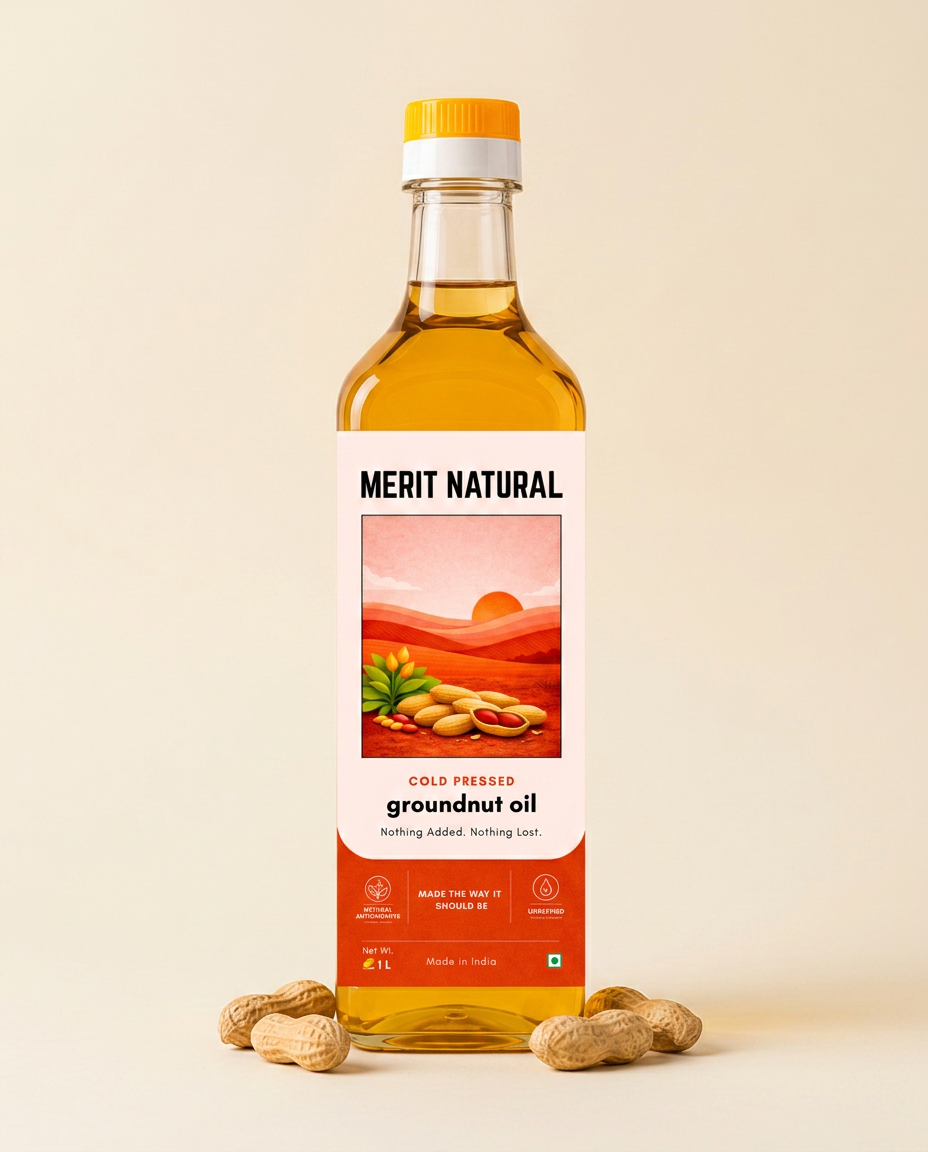A clear glass bottle of Merit Natural groundnut oil