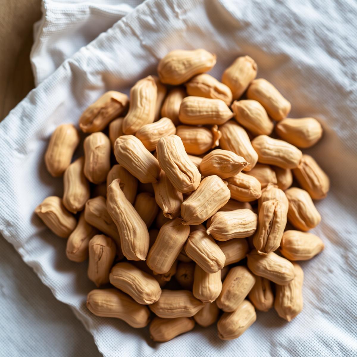 A pile of premium raw peanuts in shell — the single-source ingredient for Merit Natural peanut oil